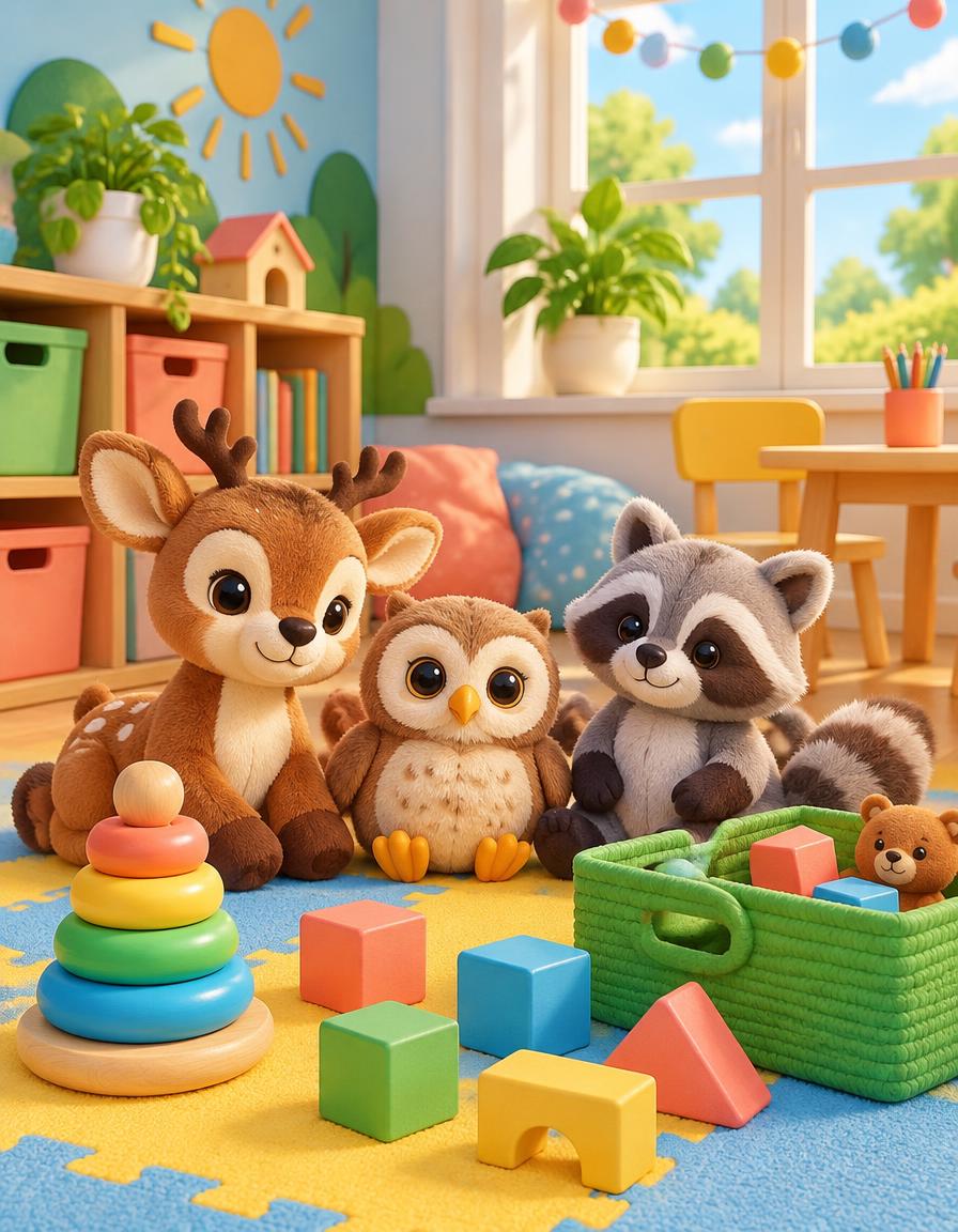 Desenho 3D de uma coruja, um veadinho e um guaxinim de pelúcia entre brinquedos coloridos