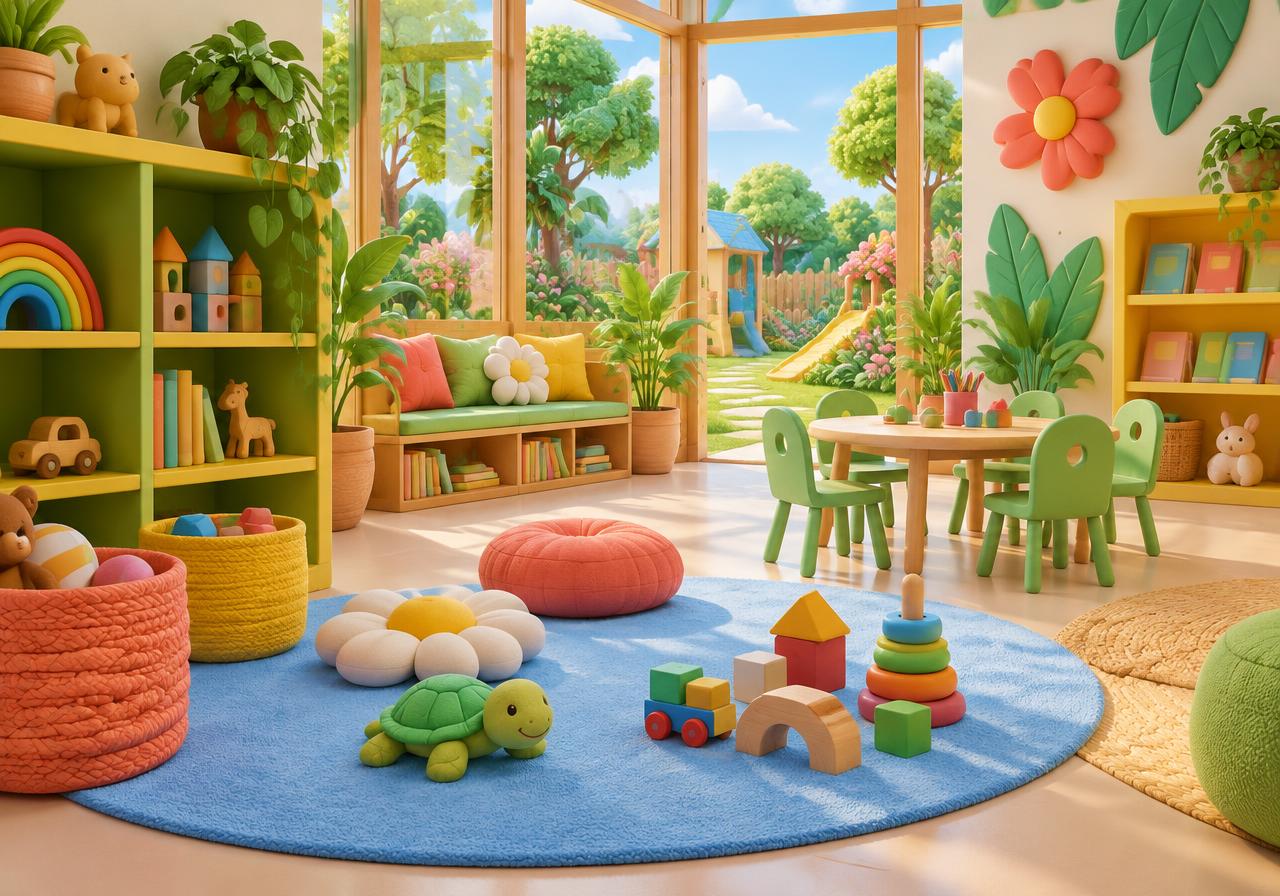 Desenho 3D de uma sala infantil colorida com brinquedos, mesas baixas e um jardim