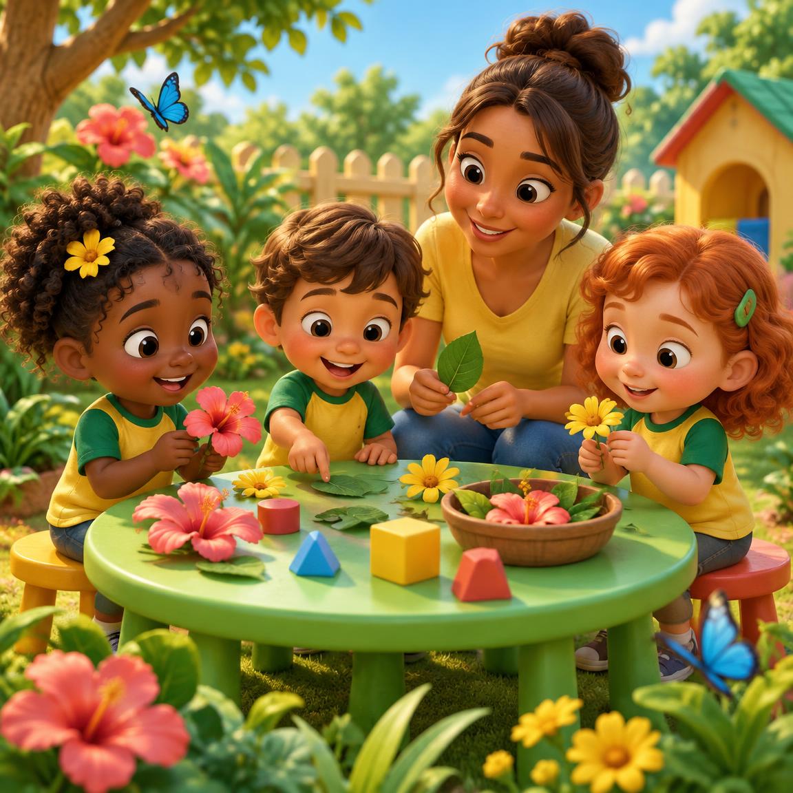 Desenho 3D de crianças e uma educadora descobrindo folhas e flores no jardim